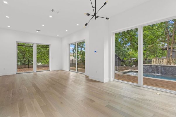 Empty room, Interior, Pendant Lights, Recessed Lighting, Wood Texture Flooring