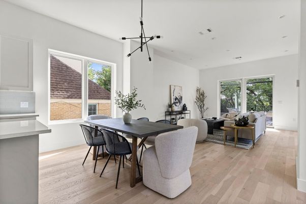 Dining room, Interior, Living room, Pendant Lights, Recessed Lighting, Wood Texture Flooring