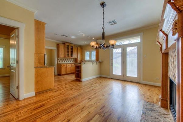 Chandelier, Empty room, Fireplace, Interior, Kitchen, Recessed Lighting, Wood Texture Flooring