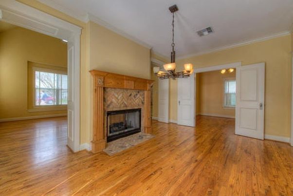 Chandelier, Empty room, Fireplace, Interior, Wood Texture Flooring