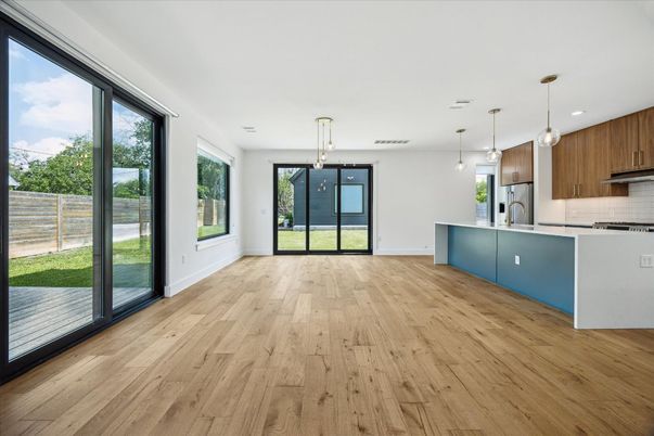 Empty room, Interior, Kitchen, Pendant Lights, Recessed Lighting, Wood Texture Flooring