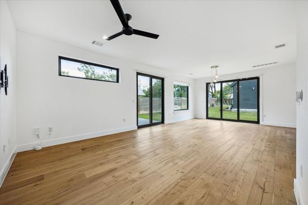 Empty room, Interior, Pendant Lights, Wood Texture Flooring