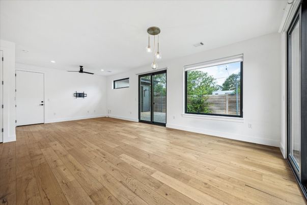 Empty room, Interior, Pendant Lights, Recessed Lighting, Wood Texture Flooring