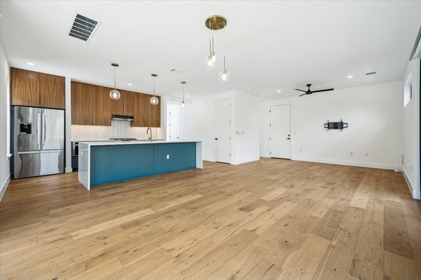 Interior, Kitchen, Pendant Lights, Recessed Lighting, Stainless Steel Appliances, Wood Texture Flooring