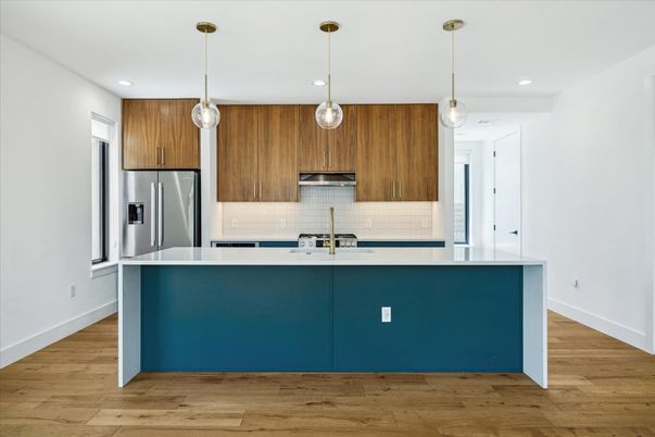 Interior, Kitchen, Pendant Lights, Recessed Lighting, Stainless Steel Appliances, Wood Texture Flooring