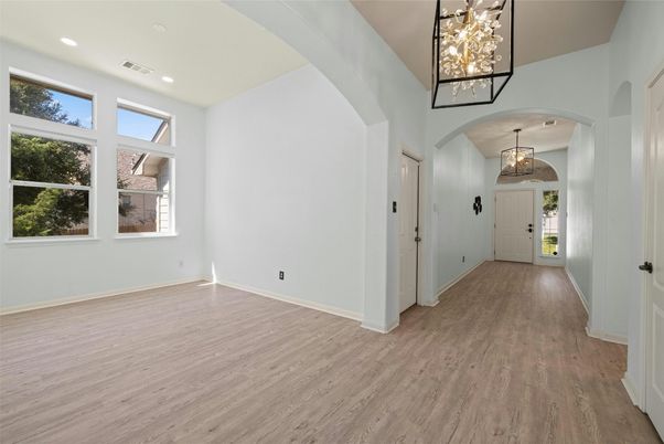 Empty room, Interior, Pendant Lights, Recessed Lighting, Wood Texture Flooring