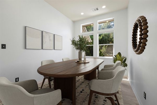 Dining room, Interior, Recessed Lighting, Wood Texture Flooring