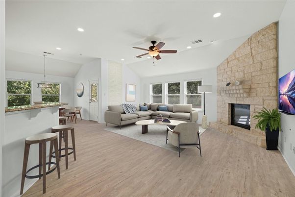 Dining room, Fireplace, Interior, Living room, Pendant Lights, Recessed Lighting, Stone Walls, Wood Texture Flooring