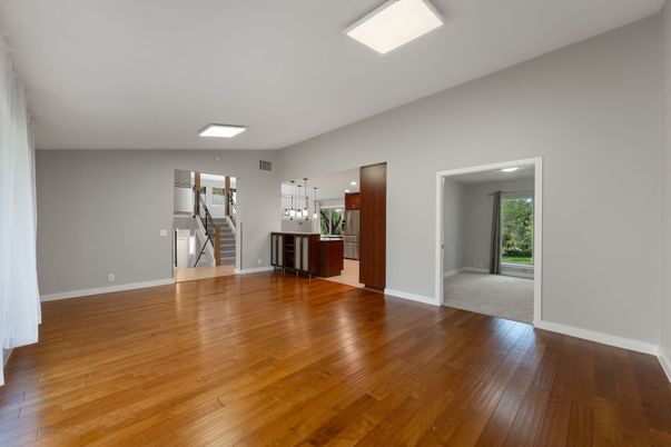 Empty room, Interior, Kitchen, Recessed Lighting, Wood Texture Flooring