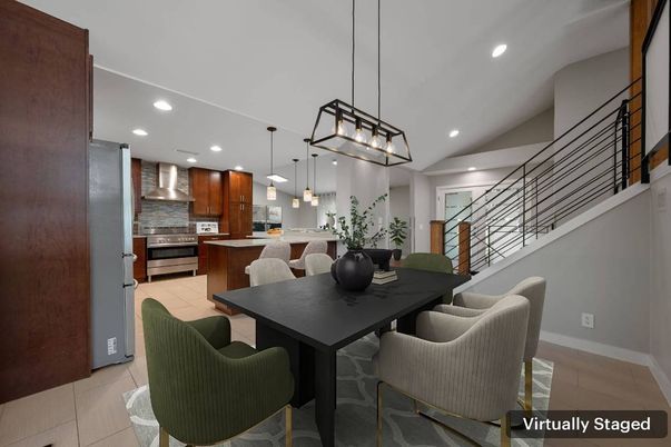 Dining room, Interior, Kitchen, Pendant Lights, Recessed Lighting, Stainless Steel Appliances