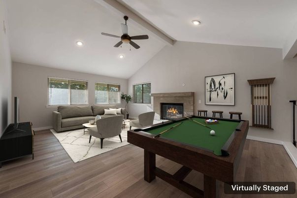 Billiard Table, Fireplace, Game Room, Interior, Living room, Recessed Lighting, Wood Texture Flooring