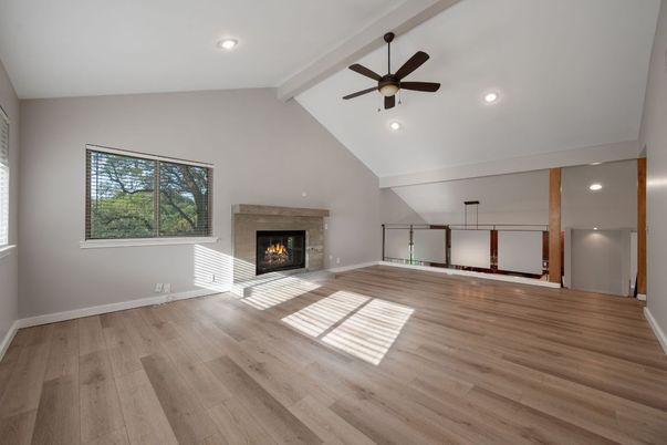 Empty room, Fireplace, Interior, Recessed Lighting, Wood Texture Flooring