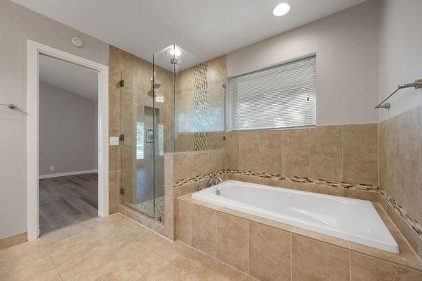 Bathroom, Glass Shower, Interior, Recessed Lighting, Wood Texture Flooring