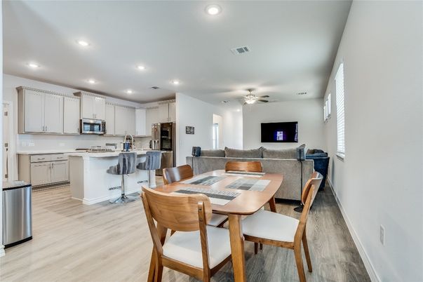 Dining room, Interior, Kitchen, Living room, Recessed Lighting, Wood Texture Flooring