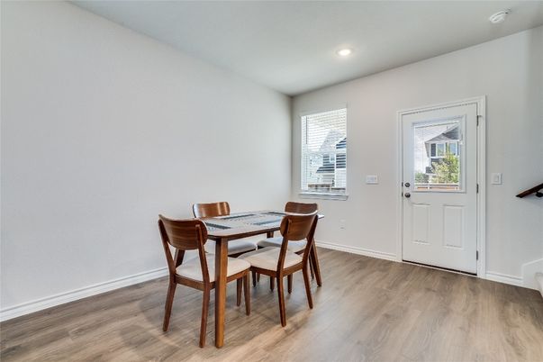 Dining room, Interior, Recessed Lighting, Wood Texture Flooring