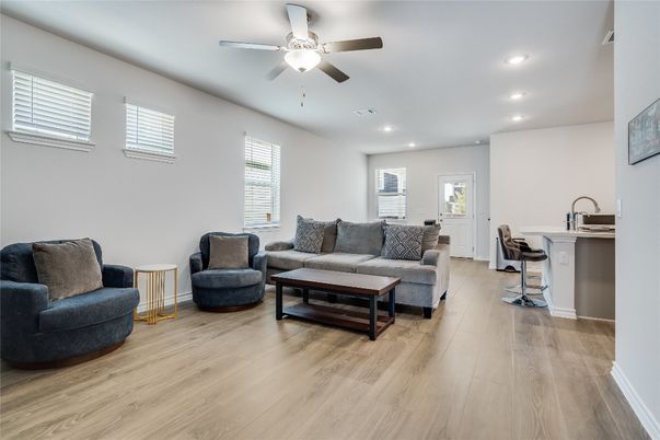 Interior, Living room, Recessed Lighting, Wood Texture Flooring