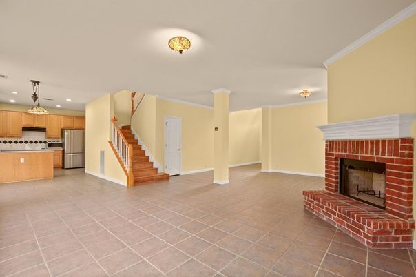 Fireplace, Interior, Kitchen, Pendant Lights, Recessed Lighting, Stainless Steel Appliances