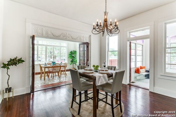 Chandelier, Dining room, Interior, Wood Texture Flooring