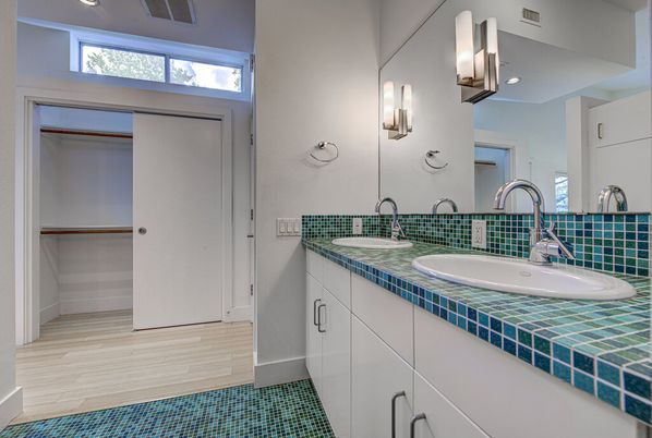 Bathroom, Dual Sink Vanities, Interior, Recessed Lighting, Tile Countertops, Wood Texture Flooring
