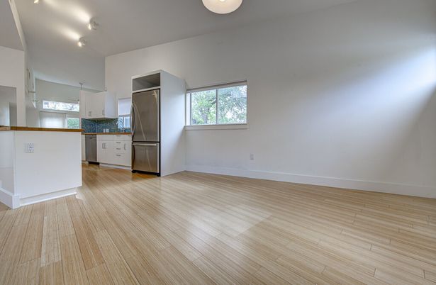 Empty room, Interior, Kitchen, Stainless Steel Appliances, Wood Texture Flooring
