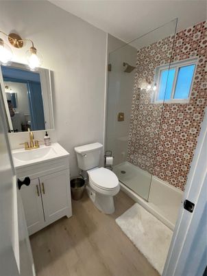 Bathroom, Glass Shower, Interior, Wood Texture Flooring