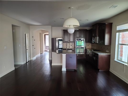 Interior, Kitchen, Pendant Lights, Recessed Lighting, Stainless Steel Appliances, Wood Texture Flooring