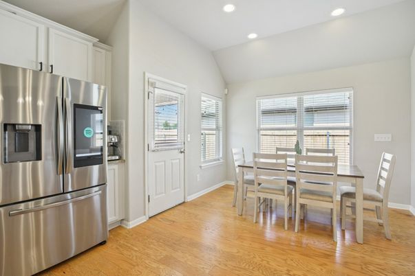 Dining room, Interior, Kitchen, Recessed Lighting, Stainless Steel Appliances, Wood Texture Flooring