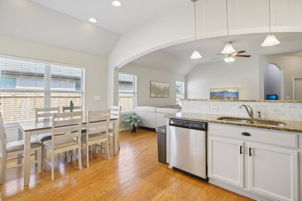 Dining room, Interior, Pendant Lights, Recessed Lighting, Wood Texture Flooring