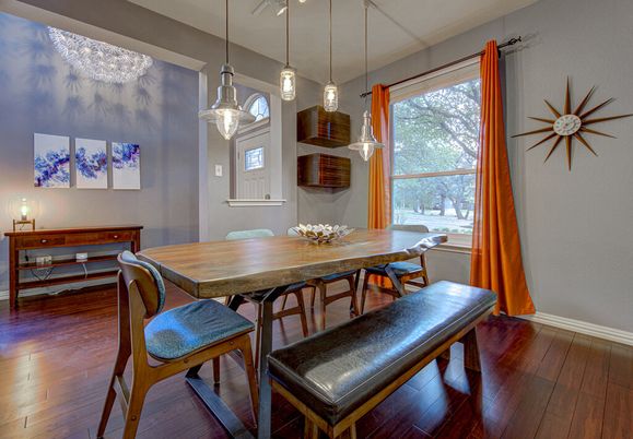 Dining room, Interior, Pendant Lights, Wood Texture Flooring