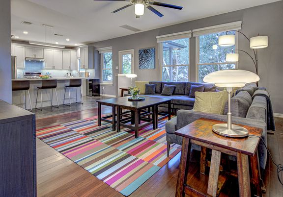 Dining room, Interior, Kitchen, Living room, Pendant Lights, Recessed Lighting, Stainless Steel Appliances, Wood Texture Flooring
