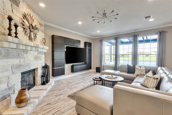 Fireplace, Interior, Living room, Recessed Lighting, Stone Walls, Wood Texture Flooring