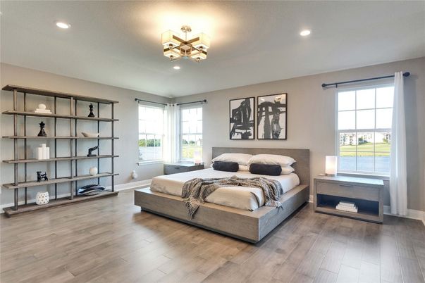 Bedroom, Chandelier, Interior, Recessed Lighting, Wood Texture Flooring