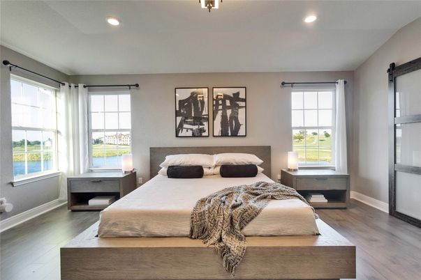 Bedroom, Interior, Recessed Lighting, Water, Wood Texture Flooring