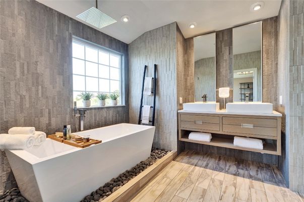 Bathroom, Dual Sink Vanities, Free Standing Baths, Interior, Recessed Lighting, Wood Texture Flooring