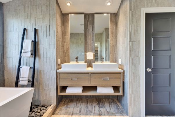Bathroom, Dual Sink Vanities, Free Standing Baths, Interior, Recessed Lighting, Wood Texture Flooring