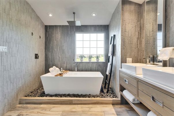 Bathroom, Dual Sink Vanities, Free Standing Baths, Interior, Recessed Lighting, Wood Texture Flooring