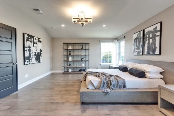 Bedroom, Interior, Recessed Lighting, Wood Texture Flooring