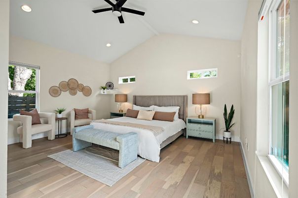 Bedroom, Interior, Recessed Lighting, Wood Texture Flooring