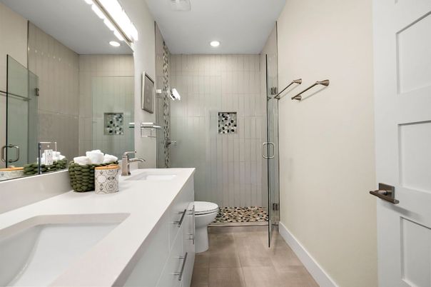 Bathroom, Dual Sink Vanities, Glass Shower, Interior, Recessed Lighting