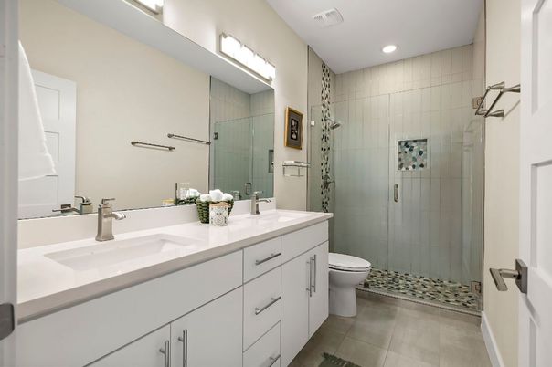Bathroom, Dual Sink Vanities, Glass Shower, Interior, Recessed Lighting