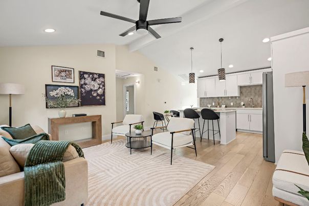 Interior, Kitchen, Living room, Pendant Lights, Recessed Lighting, Wood Texture Flooring