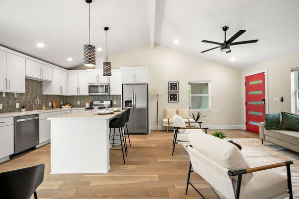Interior, Kitchen, Pendant Lights, Recessed Lighting, Stainless Steel Appliances, Wood Texture Flooring