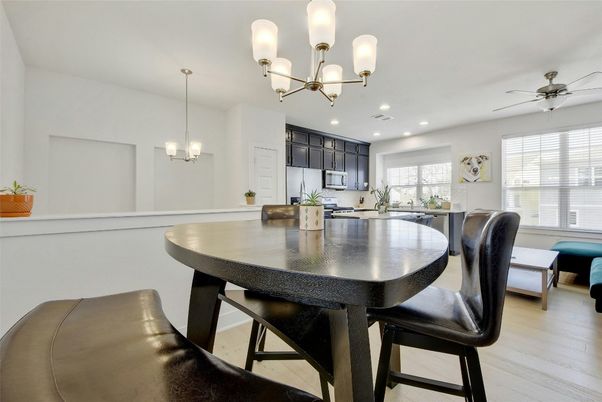 Chandelier, Dining room, Interior, Kitchen, Recessed Lighting, Wood Texture Flooring