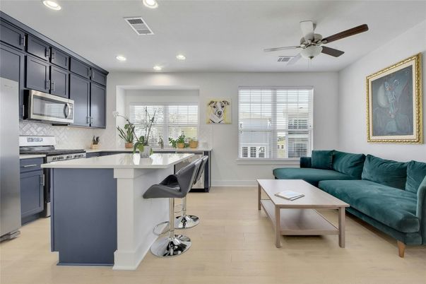 Interior, Kitchen, Living room, Recessed Lighting, Wood Texture Flooring