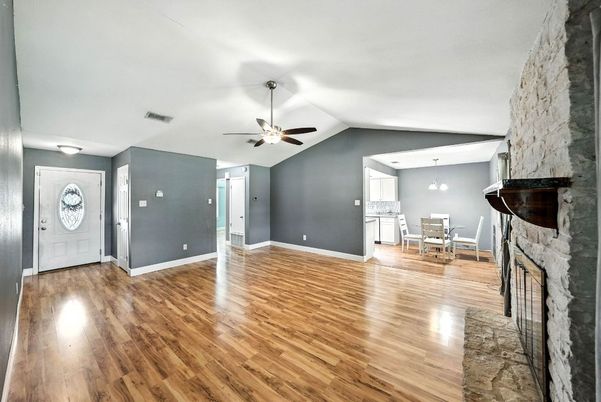 Dining room, Interior, Pendant Lights, Wood Texture Flooring