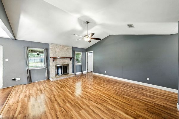 Empty room, Fireplace, Interior, Stone Walls, Wood Texture Flooring