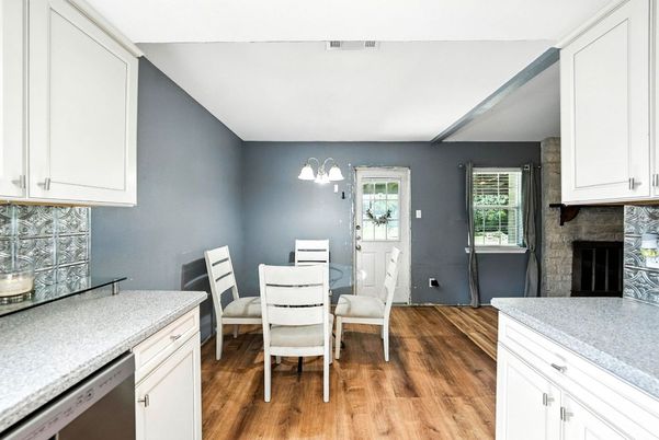 Dining room, Fireplace, Interior, Wood Texture Flooring
