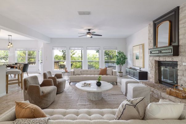 Dining room, Fireplace, Interior, Living room, Pendant Lights, Stone Walls