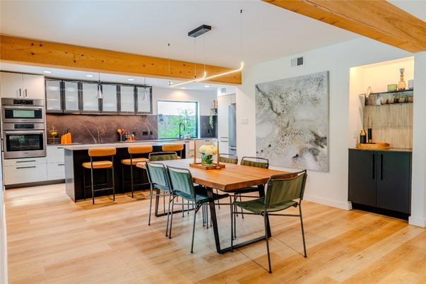 Dining room, Interior, Kitchen, Pendant Lights, Recessed Lighting, Stainless Steel Appliances, Wooden Beams, Wood Texture Flooring