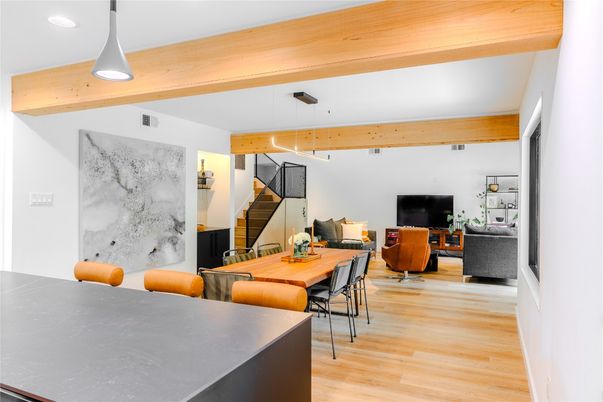 Dining room, Interior, Living room, Pendant Lights, Recessed Lighting, Wooden Beams, Wood Texture Flooring
